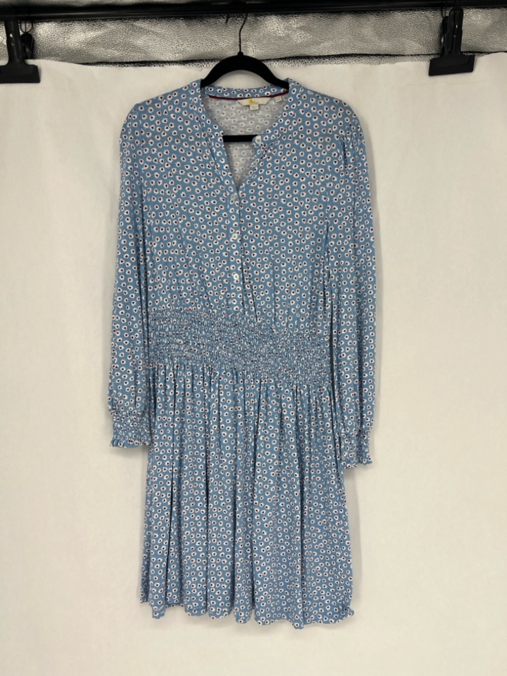 Boden Blue spade-Print Smocked-Waist Long Sleeve Dress